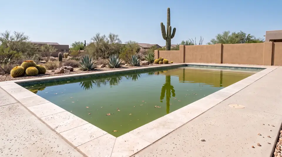 Murky residential pool before representative cleanup